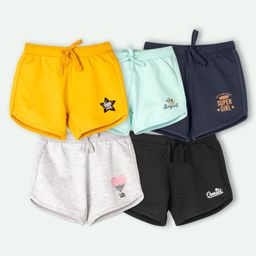 Ariel Cotton Knit Pack Of 5 Heart & Typography Printed Shorts - Yellow Grey Black Sky & Navy Blue-image-9