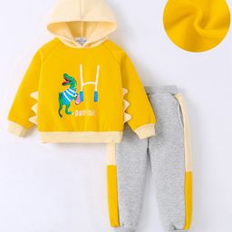 Mark & Mia Cotton Knit Full Sleeves Hooded Sweatshirt & Joggers with Dino Print & Spikes Detailing - Yellow & Grey-picture-39
