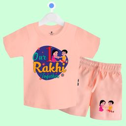 The Peppy Tend 100% Cotton Knit Raksha Bandhan Theme Half Sleeves Our 1st Rakhi Together Text Printed Tee & Shorts Set - Peach-image-11