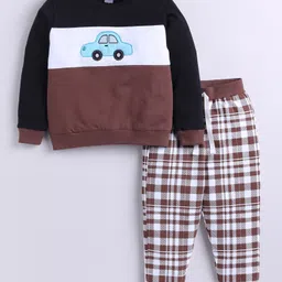Little Ninja Cotton Knit Full Sleeves Car Patch Embroiderd Sweatshirt & Checked Joggers Set - Black & White-picture-38