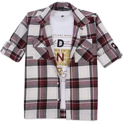 CAVIO Boys Collar Tartan Checked Cotton Casual Shirt & T-Shirt-image-1