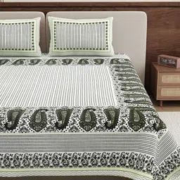 BELLA CASA Olive Green & White Ethnic Motifs 250 TC King Bedsheet with 2 Pillow Covers-picture-33
