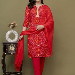 Bunkari Women Bandhani Printed Kurta with Churidar & Dupatta-image-11