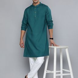 HERE&NOW Men Teal Green Kurta with Trousers-picture-12
