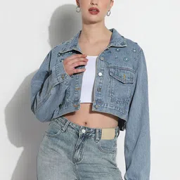 SHOWOFF Women Spread Collar Self Design Windcheater Casual Denim Jacket-picture-7
