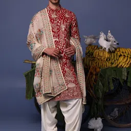 KALPRAAG Embroidered Mandarin Collar Straight Thread Work Kurta With Patiala And Dupatta-image-46