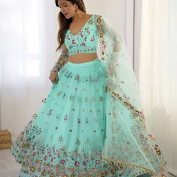 DIVASTRI Embroidered Mirror Work Semi-Stitched Lehenga & Unstitched Blouse With Dupatta-image-64