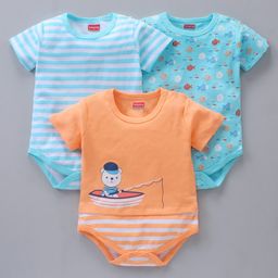 Babyhug 100% Cotton Half Sleeves Onesies Striped And Fish Print - Blue Orange-picture-37
