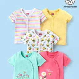 Babyhug 100% Cotton Antibacterial Half Sleeves Vests Bee Print Pack of 5 - Pink Blue & Yellow-picture-11