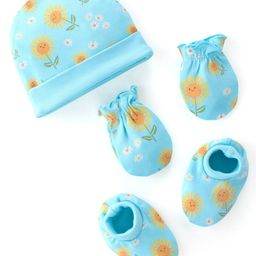 Babyhug 100% Cotton Cap Mittens & Booties Floral Print Blue- Diameter 11 cm-image-73