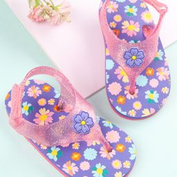 Babyoye Floral Printed & Applique Velcro Closure Flip Flops - Pink & Blue-image-54