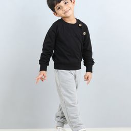 Aww Hunnie Full Sleeves Button Detailed Solid Autumn Winter Wear Unisex Sweatshirt & Side Pockets Joggers Set - Black-image-28