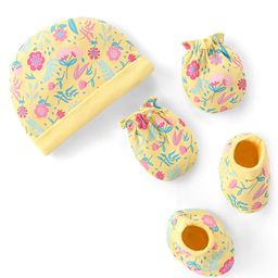 Babyhug 100% Cotton Knit Cap Mittens & Booties Set Floral Print - Yellow-picture-14