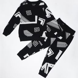 Be Awara Full Sleeves Abstract Pattern Printed Cotton Sweatshirt & Joggers Set - Black-image-42