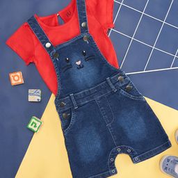 YU by Pantaloons Cat Face Design  Dungaree With Half Sleeves Tee Set - Medium Blue-image-55
