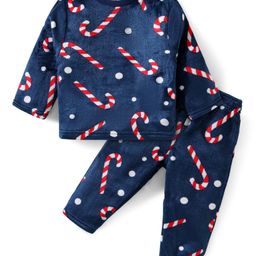 Babyhug Fur Woven Full Sleeves Winter Wear Suit With Candy Cane Print - Navy-image-87