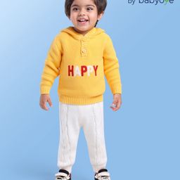 Babyoye 100% Cotton Knit Full Sleeves  Textured Hooded Sweater Set with Text Design  - Yellow-image-99