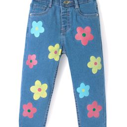 Babyhug Full Length Denim Washed Jeans with Stretch Floral Print - Blue-image-55