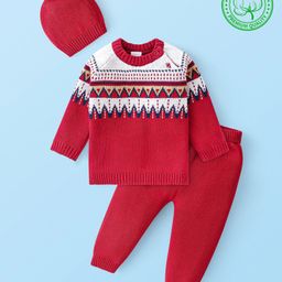 Babyhug Knit Raglan Full Sleeves Sweater Set with Cap Aztec Design - Red-picture-11