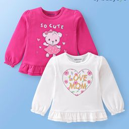 Babyoye 100% Cotton Full Sleeves Tops Teddy & Heart Print Pack of 2 - Fuschia & White-image-23