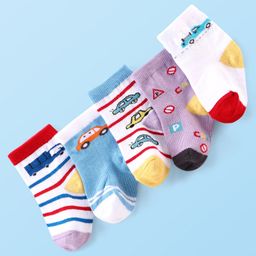 Cute Walk by Babyhug Anti-bacterial Ankle Length Striped & Vehicle Designed Socks Pack of 5 - Multicolor-image-62