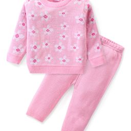 Babyhug Knitted Full Sleeves Pullover Sweater Set with Floral Design - Pink-image-93