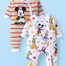 Babyhug Disney Interlock Knit Full Sleeves Rompers with Mickey Mouse Print Pack of 2 - WhiteGreen & Red-image-3
