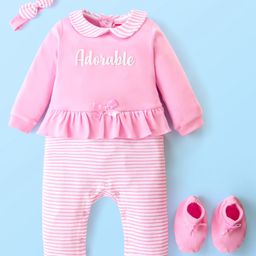 Babyhug 100 % Cotton Full Sleeves Striped Romper with Hairband Booties Frill Detailing & Text Print - Pink-image-2