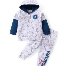 Babyhug Terry Knit Full Doctor Sleeves Hooded T-Shirt and Lounge Pants Set Map Print - Grey-image-82