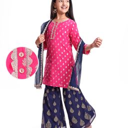 EARTHY TOUCHWoven Three Fourth SleevesFoil Printed Kurta Gharara &Dupatta Set with Embroidered Detailing - Dark Pink-image-83