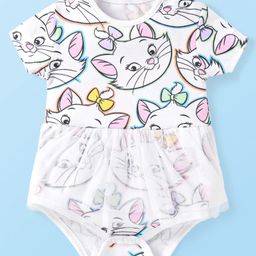 Babyhug Disney Interlock Knit Half Sleeves Frock Style Onesie with Aristocats Marie Print &Mesh Skirt Detailing- White-image-16