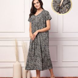 Zelena 100% Cotton Half Sleeves Floral Printed Maternity Feeding Maxi/Nighty with Zip Nursing Access - Grey & Beige-image-24