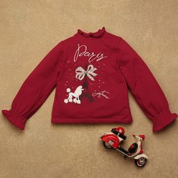One Friday Cotton Knitted Full Bell Sleeves Eiffel Tower Printed Top - Red-image-2