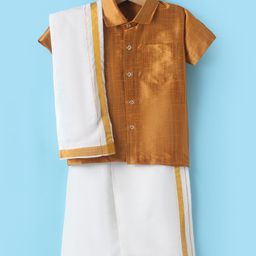 Dapper Dudes Half Sleeves Solid Shirt With Mundu & Angavastram Set - Mustard-picture-40