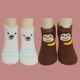 Yellow Bee Cotton Pack Of 2 Polar Bear & Monkey Designed Socks Set - White & Brown-77