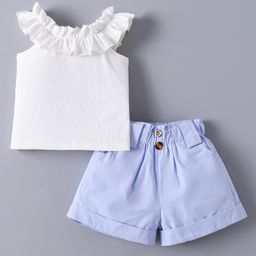 Mark & Mia Frill Sleeves Solid Color Top & Shorts Set - White & Light Blue-image-61