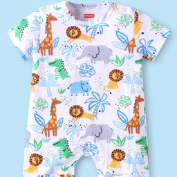 Babyhug 100% Cotton Half Sleeves Romper With Animal Print -White-image-82
