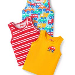 Babyhug 100% Cotton Single Jersey Knit Antibacterial Sleeveless Sandos With Striped & Vehicle Print Pack Of 3 - Red Yellow & Light Blue-image-94