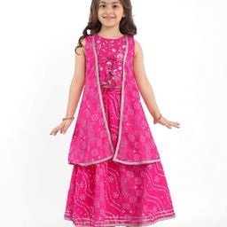 Babyhug Woven Sleeveless Ethnic Motif Printed & Floral Embroidered Choli Lehenga Set with Long Jacket & Lace Detailing - Fuchsia-image-88