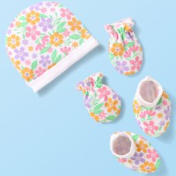 Babyhug 100% Cotton Knit Cap Mittens & Booties With Floral Print - White-10