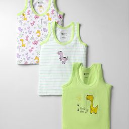 Bodycare Cotton Knit Sleeveless Vests With Stripes & Animal Print Pack Of 3 - Light Green & White-image-91