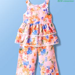 Babyoye Cotton Woven Sleeveless Kurta Palazzo Set Floral Print & Lace Design - White & Coral-image-70