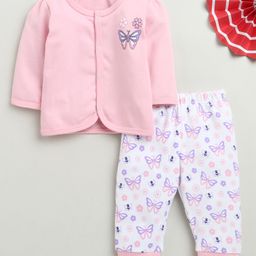 BUMZEE Cotton Full Sleeves Floral & Butterfly Printed Jhabla & Joggers Set - White & Pink-image-82