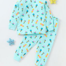 BLUSHES Cotton Knit Full Sleeves Ice Cream Printed Coordinating Night Suit Set - Sea Green-image-51