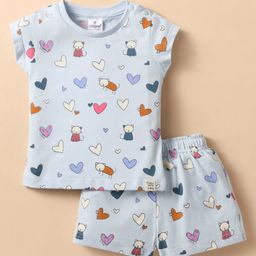 Ollypop Sinker Knit Half Sleeves Shorts Co-Ord Night Suit With Cat & Heart Print - Light Blue-image-27