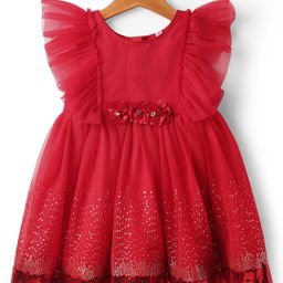 Babyhug Woven Frill Sleeve Fit & Flare Party Dress with Frills Floral Corsage & Sequins - Red-image-30