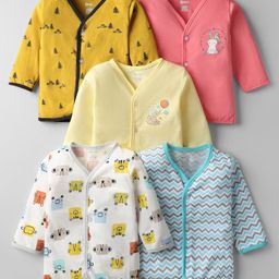 OHMS Single Jersey Knit Full Sleeves Front Open Jhablas With Animal Print Pack of 5 - Yellow & Blue-image-93