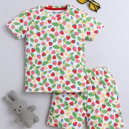 BABY NATION Cotton Half Sleeves Strawberries Printed Tee With Coordinating Shorts Set - Orange-image-92