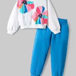 OLLINGTON ST. Looper Knit Full Sleeves Sweatshirt & Jogger Set With Floral Print - White & Blue-image-93