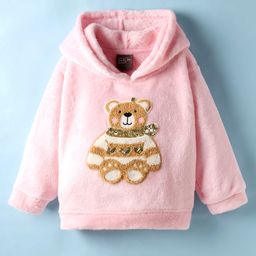 Little Kangaroos Woven Full Sleeves Hooded Fur Sweatshirt with Bear Embroidery & Sequin Detailing - Baby Pink-picture-34
